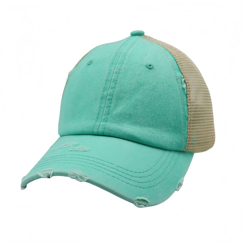 ProMindFun Womens Ponytail High Messy Bun Hats Distressed Baseball Caps Unconstructed Washed Dad Hat Girls Trucker Ponycaps (05-Turquoise) - Image 3